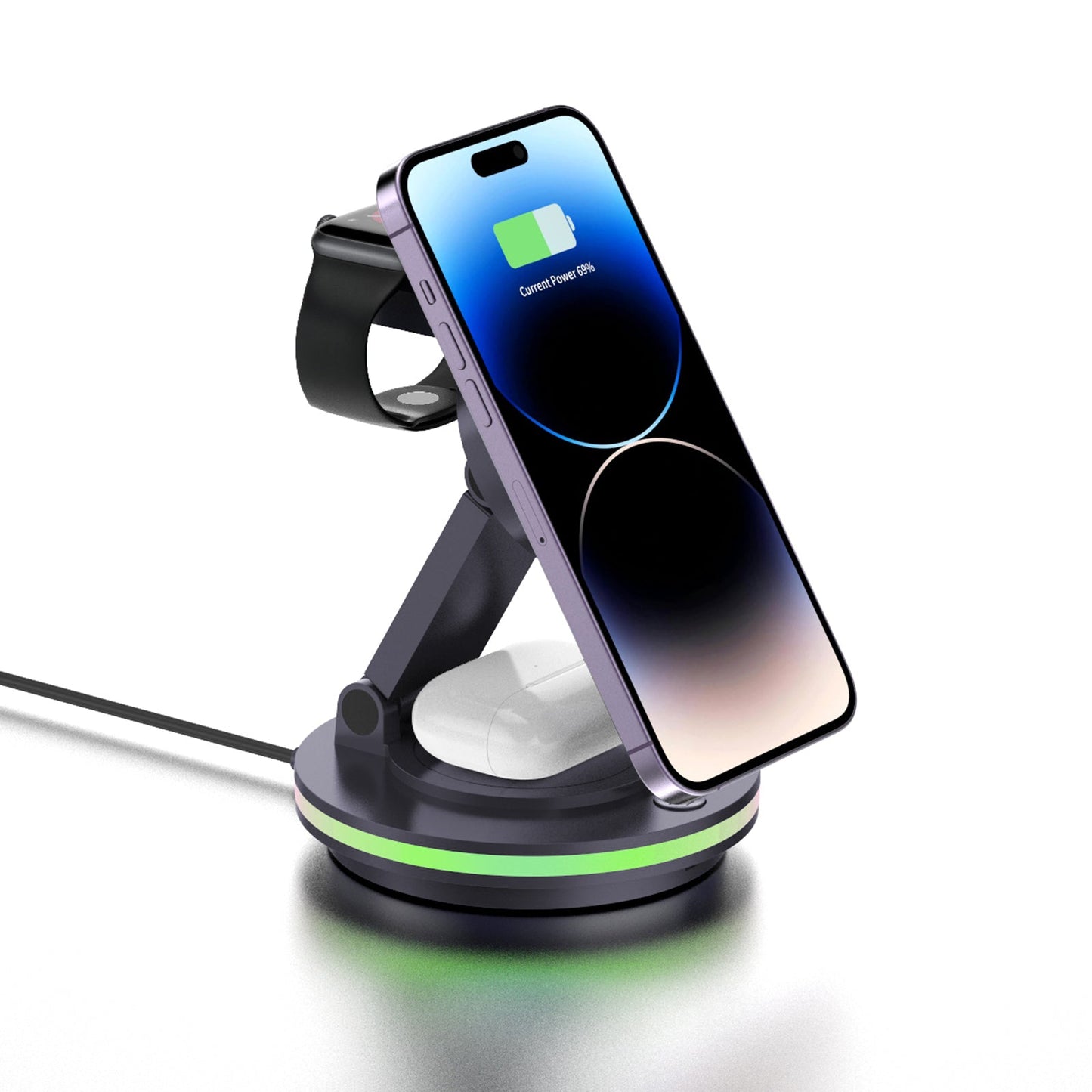 Foldable 4-in-1 Magnetic Wireless Charging Station with 7-Color Night Light for iPhone, Apple Watch & AirPods