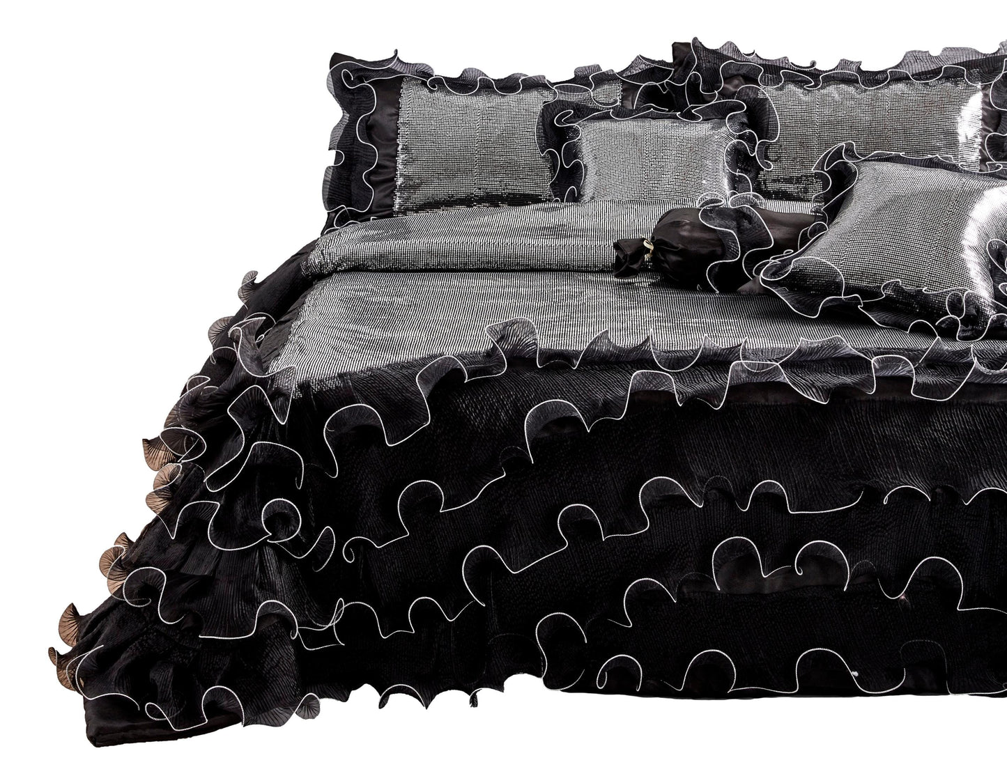Tache Luxurious Glam Night Out Silver Sequin Black Organza Ruffle 6pc Comforter Set (1622)