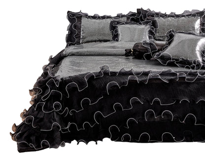 Tache Luxurious Glam Night Out Silver Sequin Black Organza Ruffle 6pc Comforter Set (1622)