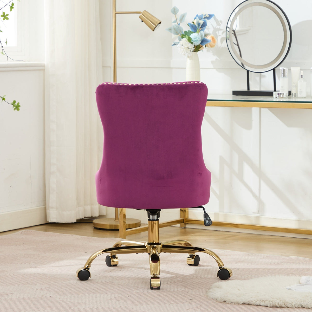 Purple Modern Velvet Upholstered Office Chair with Tufted Buttons - Golden Accents