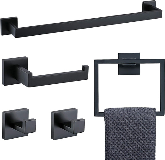 5 Pieces Bathroom Hardware Accessories Set Black Towel Bar Set Wall Mounted,Stainless Steel,23.6-Inch.