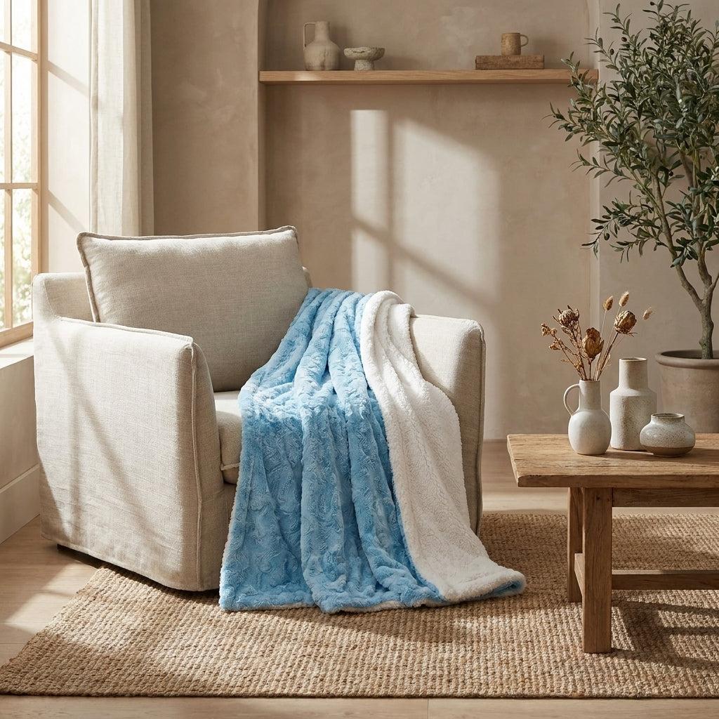 Faux Fur and Sherpa Sky Blue Throw Blanket