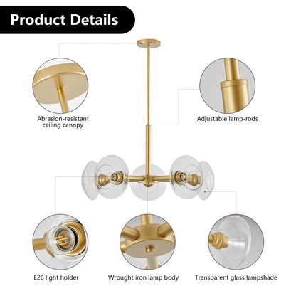 Modern Gold 5-Light Sputnik Chandelier with Clear Glass Shades - 26"