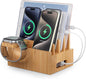 Bamboo Charging Station for Multi-Device with 4 Slots, Charging Dock Stand Compatible with Cellphone, Tablet, Watch (Include 6 Charger Cables, Watch Stand, NO USB Charger)