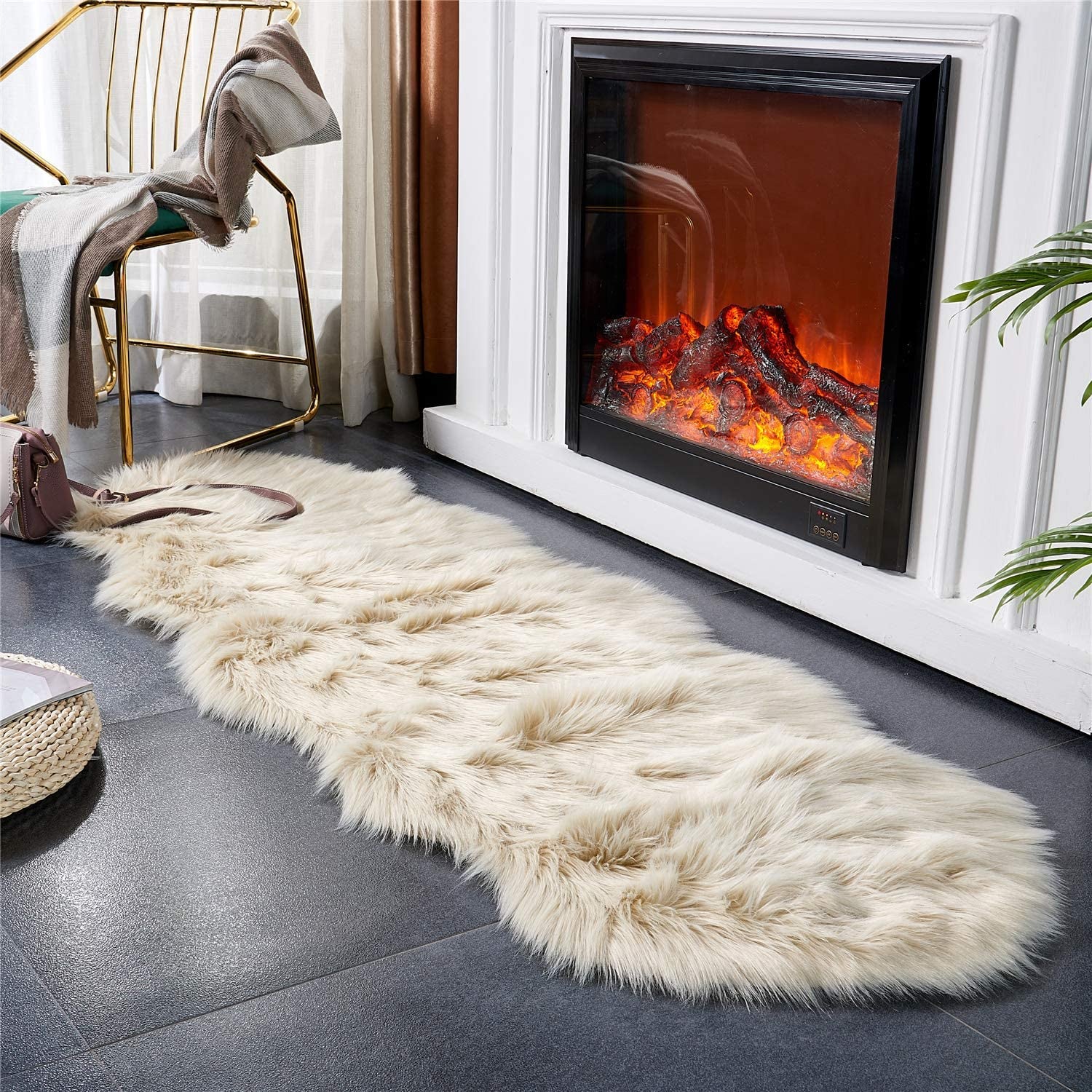 Ultra Soft Faux Fur Sheepskin Area Rug, Beige - 2x6 Ft, Fluffy Shaggy Rug for Bedroom, Living Room, Sofa, Floor