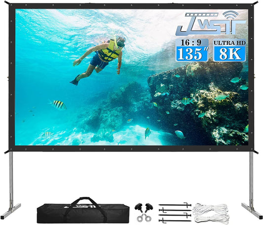 Projector Screen and Stand, 135 Inch Outdoor Movie Screen-Upgraded 3 Layers PVC 16:9 Outdoor Projector Screen,Portable Video Projection Screen with Carrying Bag for Home Theater Backyard