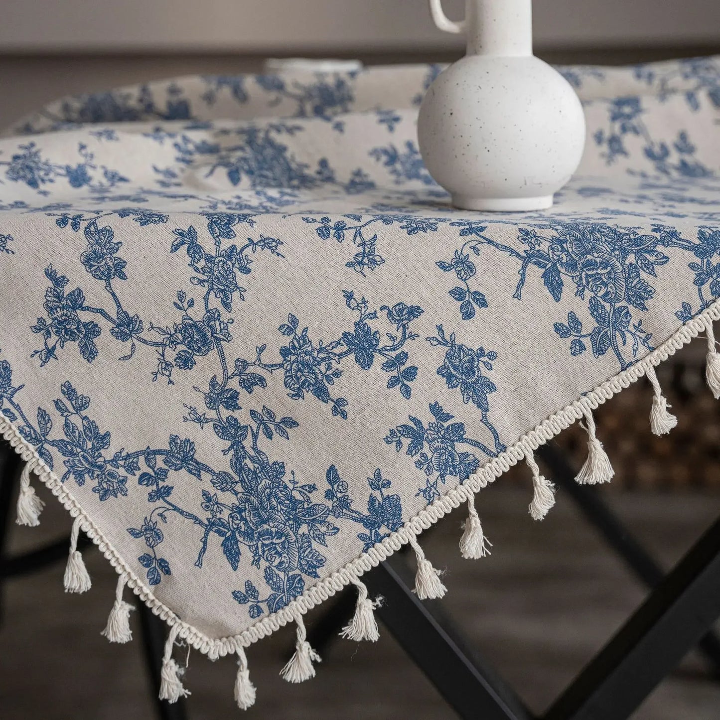 Ins Floral Cotton Linen Tablecloth - Retro Blue Rose Print Dining Table Cover for Kitchen, Parties, Picnics, and Home Decor