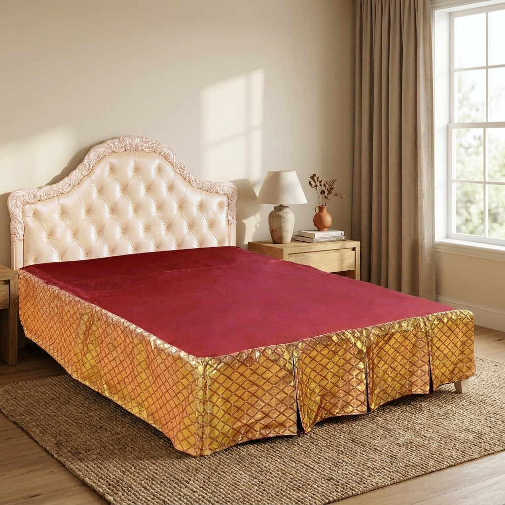 Polyester Red Gold Argyle Pleated Bed Skirt, 14-Inch Drop