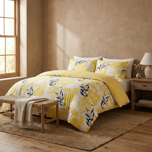 Microfiber Watercolor Tropical Floral Duvet Cover in Yellow and Blue