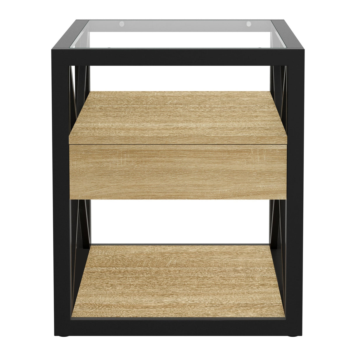 Modern End Table with Drawer - Natural Wood & Tempered Glass
