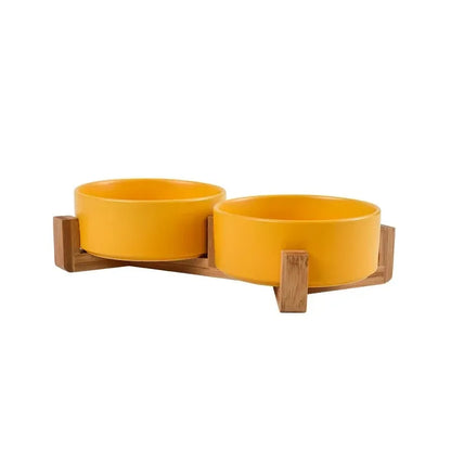 Ceramic Pet Bowl with Wooden Stand - Double Bowl Set for Dogs and Cats, Non-Spill Design, 400ml Each