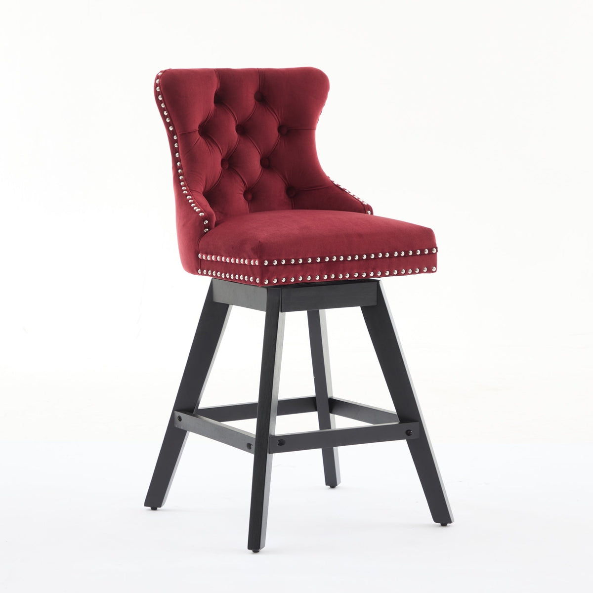 Swivel Velvet Barstools with Button Tufted Decoration - Set of 2 with 360° Swivel - Wine Red