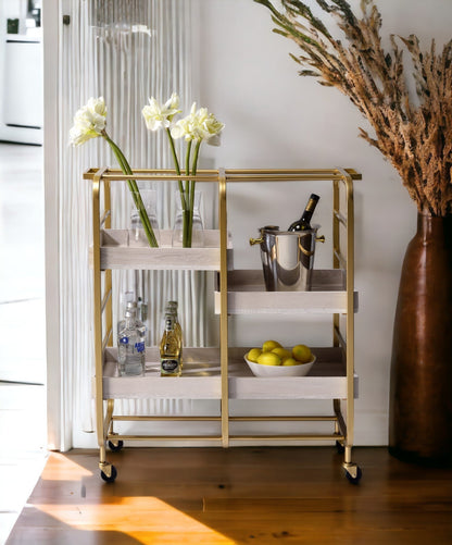 Gold & White Washed Finish Serving Cart with Removable Wooden Trays