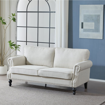 68 Inch Faux Leather Rolled Arm Sofa with Nailhead Trim - Beige