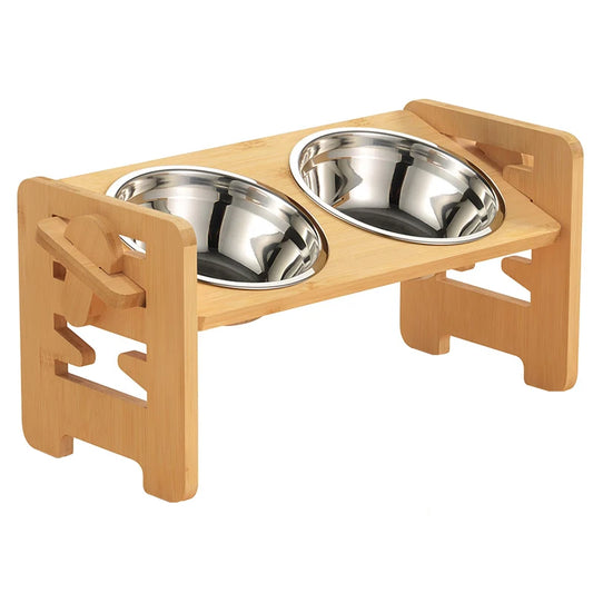 Adjustable Elevated Dog Bowls - Bamboo Stand with Tilted Stainless Steel Bowls for Small to Medium Dogs and Cats, 700ml