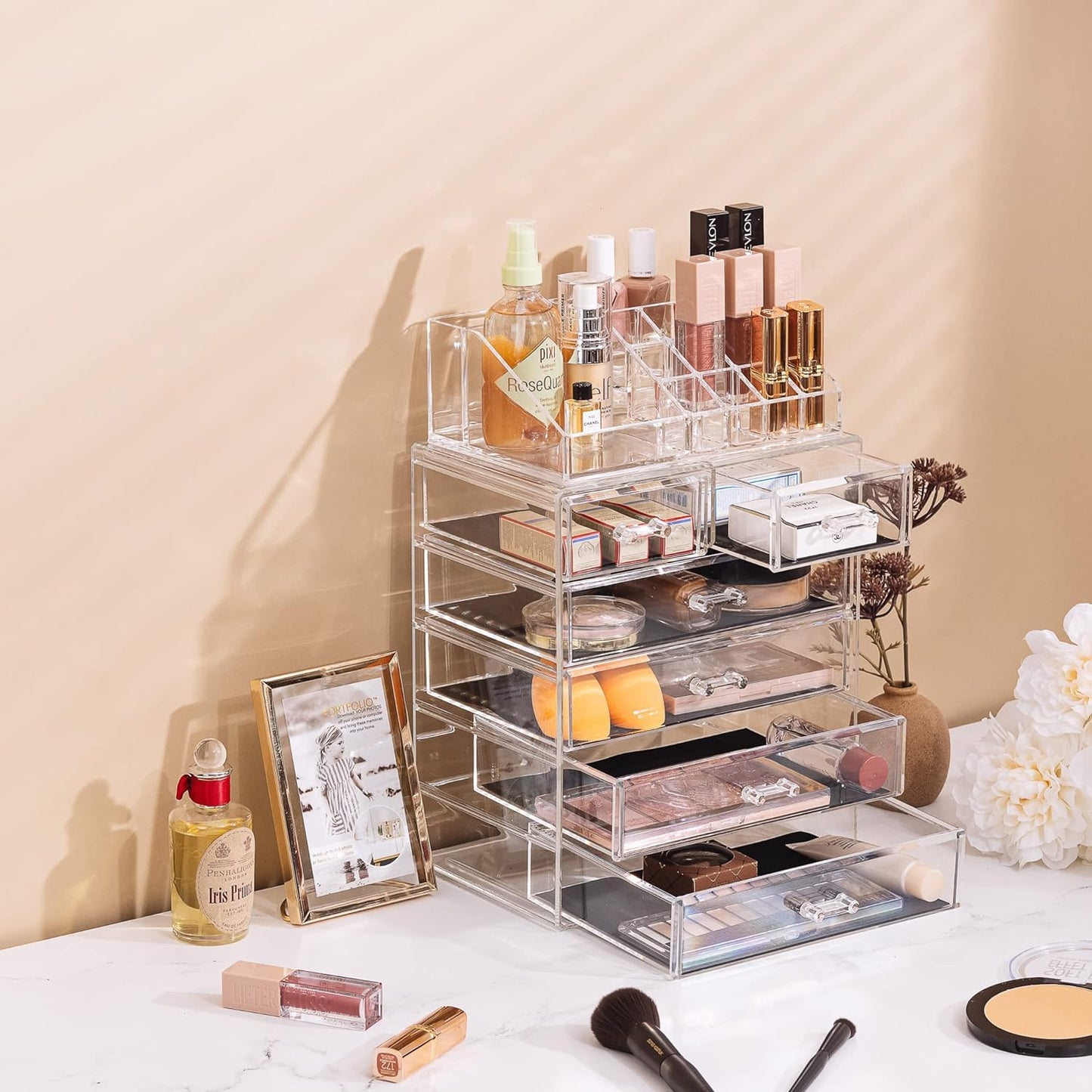 Clear Cosmetic Makeup Organizer - Make up & Jewelry Storage, Case & Display - Spacious Design - Great Holder for Dresser, Bathroom, Vanity & Countertop (4 Large, 2 Small Drawers)