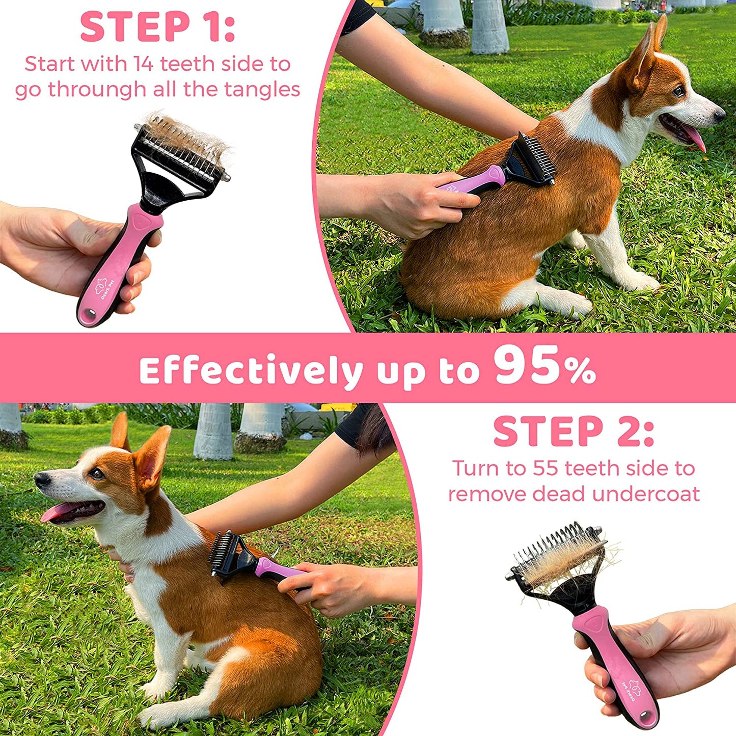 Ozark Pet Grooming Kit - Dog and Cat Brush Set with Deshedding, Dematting Tools, and Shedding Glove, Pink, Small