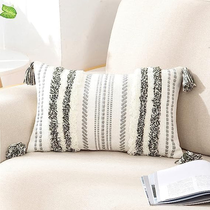 Decorative Boho Throw Pillow Covers 12X20, Lumbar Accent Neutral Tufted Pillow Covers for Couch Bed Sofa, Textured Striped Pillow Covers, Green and Cream White, Pack of 1