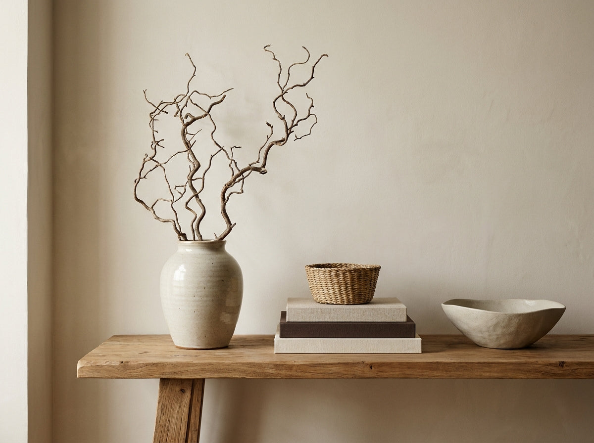 ARCADA styled console vignette — ceramic vase, linen books, stoneware bowl