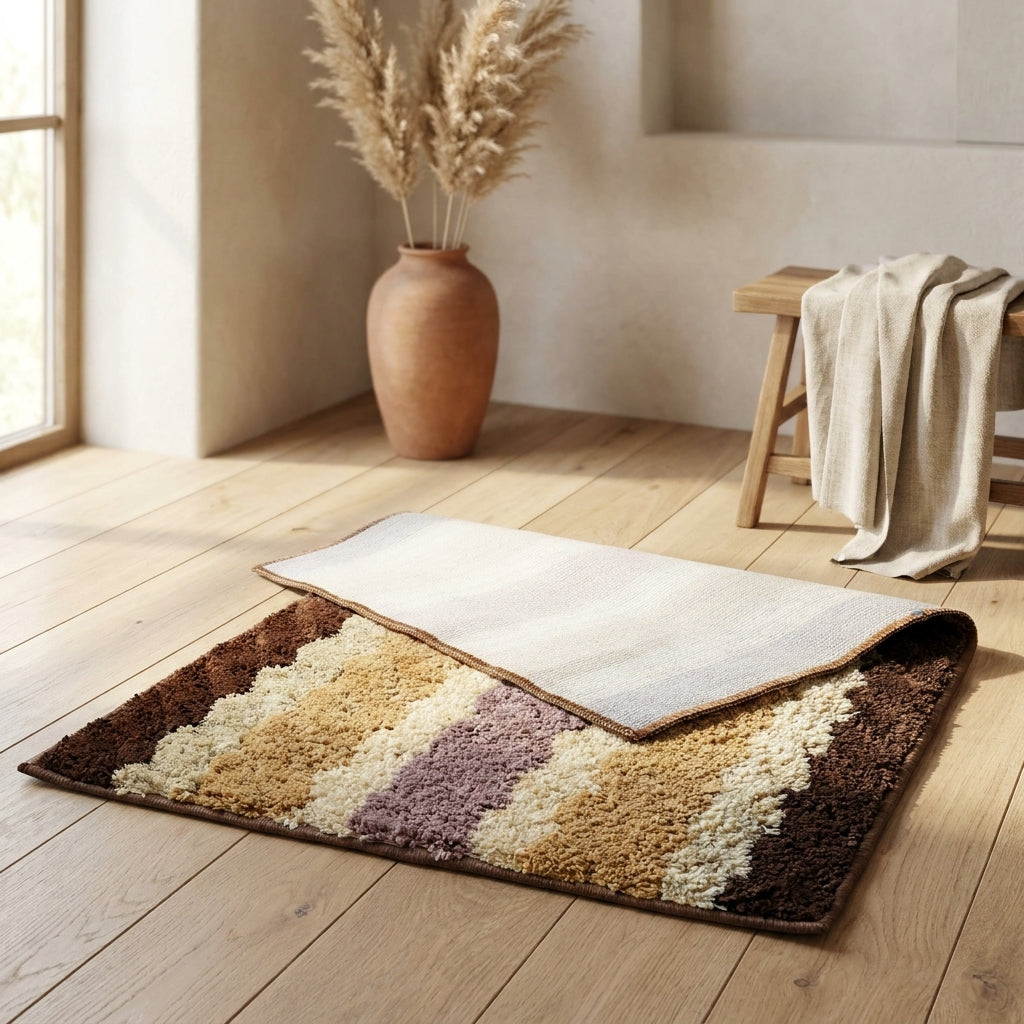 Polyester Microfiber Striped Bathroom Rug, 20x32 Inch, Beige