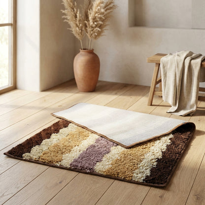 Polyester Microfiber Striped Bathroom Rug, 20x32 Inch, Beige