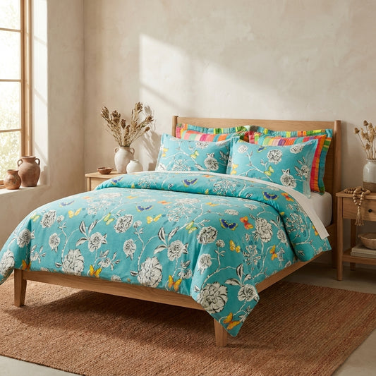 Cotton Aqua Floral Butterfly Duvet Cover