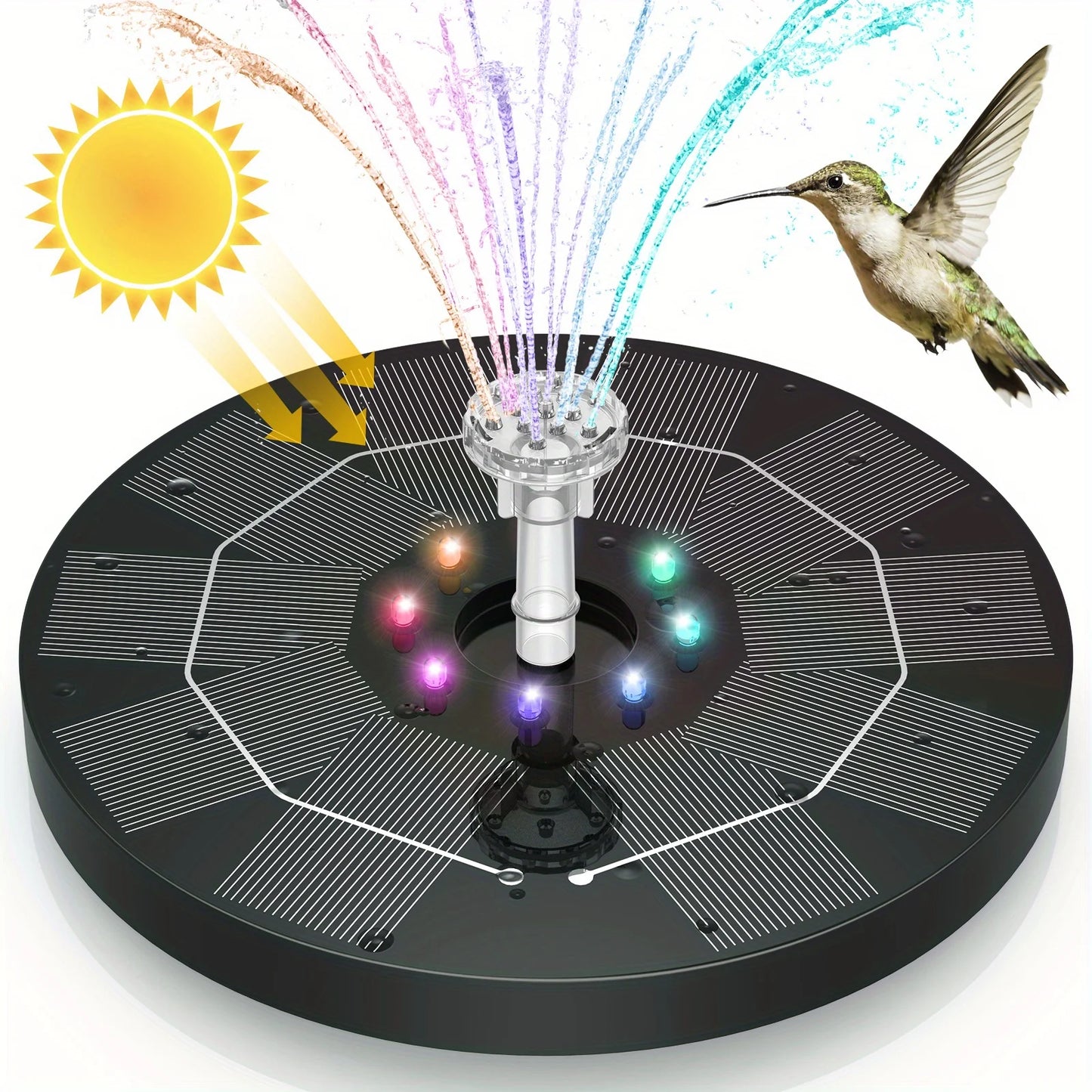 6.5W LED Solar Fountain Pump with Lights for Bird Bath Pool - Outdoor Solar Water Fountain with Battery Backup for Garden Decoration