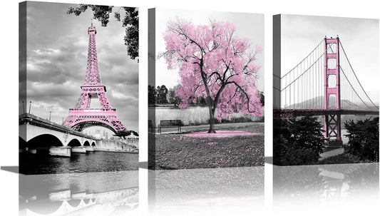 Wall Art for Bedroom Pink Tree Paris Eiffel Tower Golden Gate Bridge Romantic Black and White City Poster Bathroom Pictures Prints on Canvas for Living Room Decor