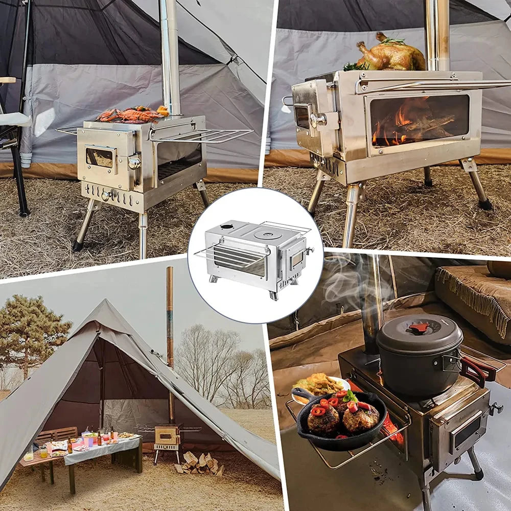 Large Portable Fire Wood Stove with Window Pipe, Outdoor Tent Heater for Camping, Ice-Fishing, BBQ, Smokeless Fire Pit with Customizable Logo