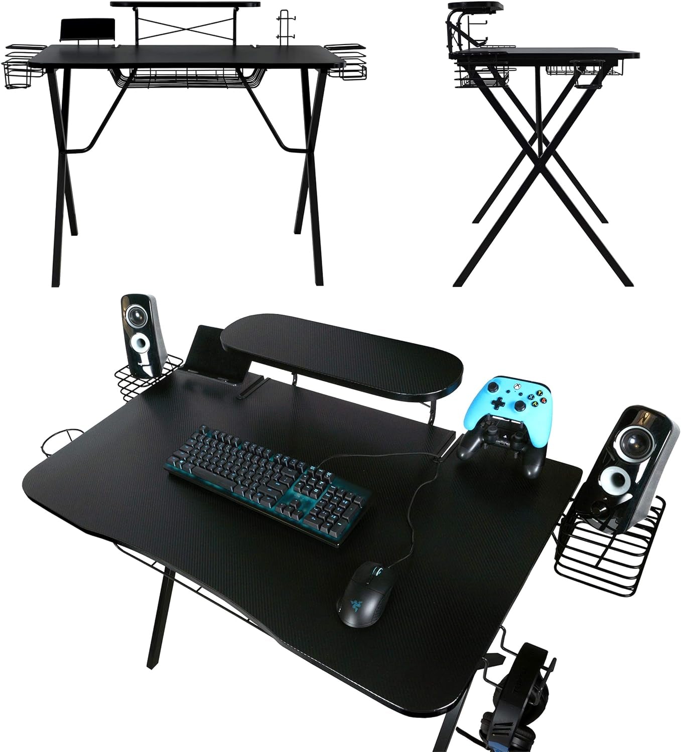 Gaming Desk with Carbon-Fiber Desktop, X-Legs, Detachable Monitor Platform, Tablet/Phone Holder, Speaker Stands - Black