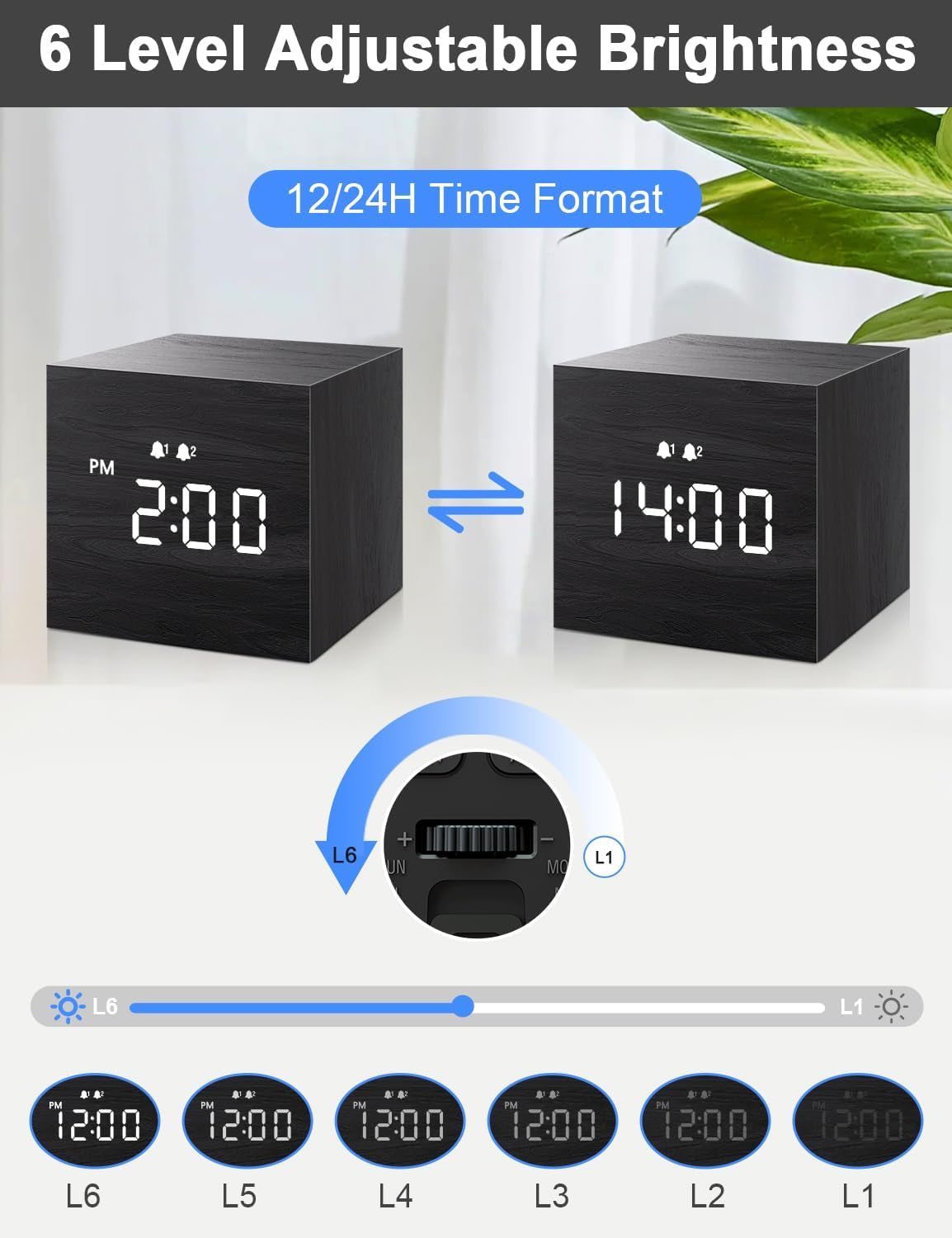 Digital Alarm Clock with Dual Alarm - Wooden Electronic LED Display, 2.5-Inch Mini Cube, USB Powered for Bedroom and Desk, Black