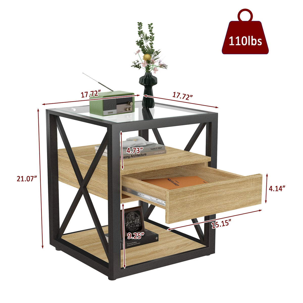 Modern End Table with Drawer - Natural Wood & Tempered Glass