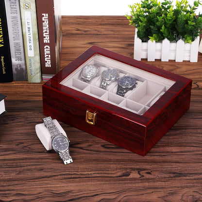 Watch Box, 10 Slots Wooden Watch Case with Removable Watch Pillow, Metal Clasp Watch Display, Watch Box Organizer for Men and Women