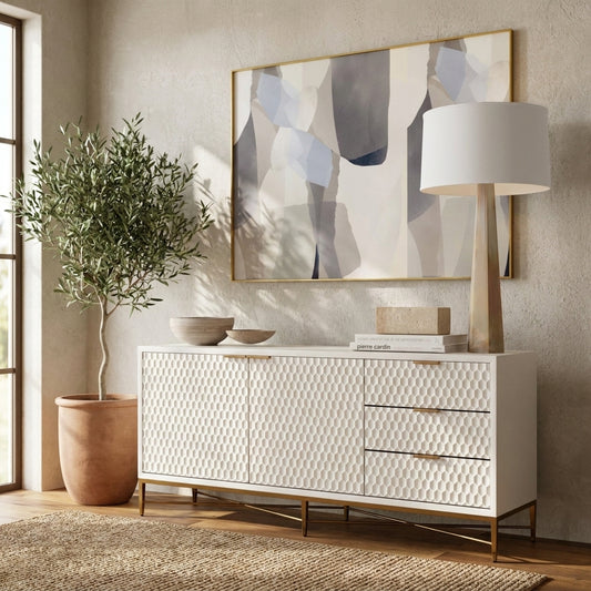 White Pearl Mahogany Media Console with Gold Metal Base