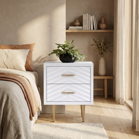 Trixie Modern White Nightstand with Two Drawers and Metal Legs