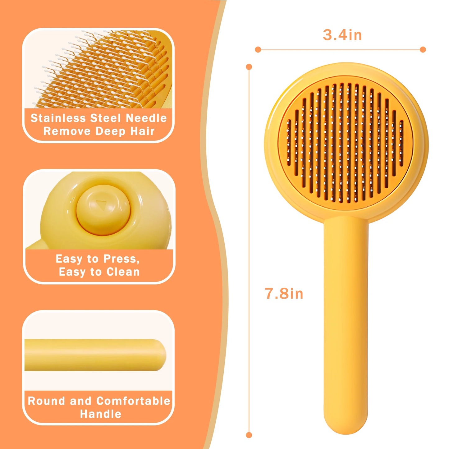 Pet Self-Cleaning Slicker Brush for Indoor Cats - Yellow, Resin Protected Massage Comb, Deshedding Tool