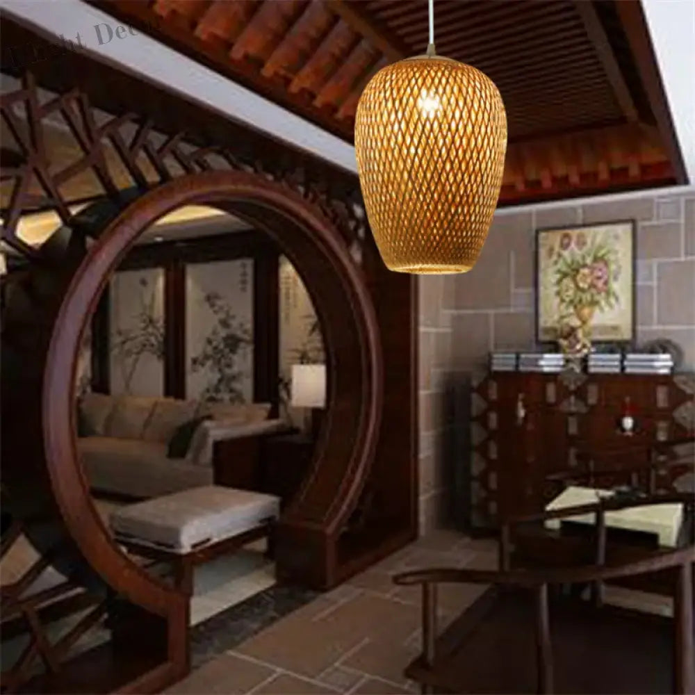 Bamboo Lampshade LED Pendant Lamp - Natural Rattan Wicker Ceiling Chandeliers with Hand-Woven E27 Lighting Fixtures