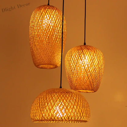 Bamboo Lampshade LED Pendant Lamp - Natural Rattan Wicker Ceiling Chandeliers with Hand-Woven E27 Lighting Fixtures