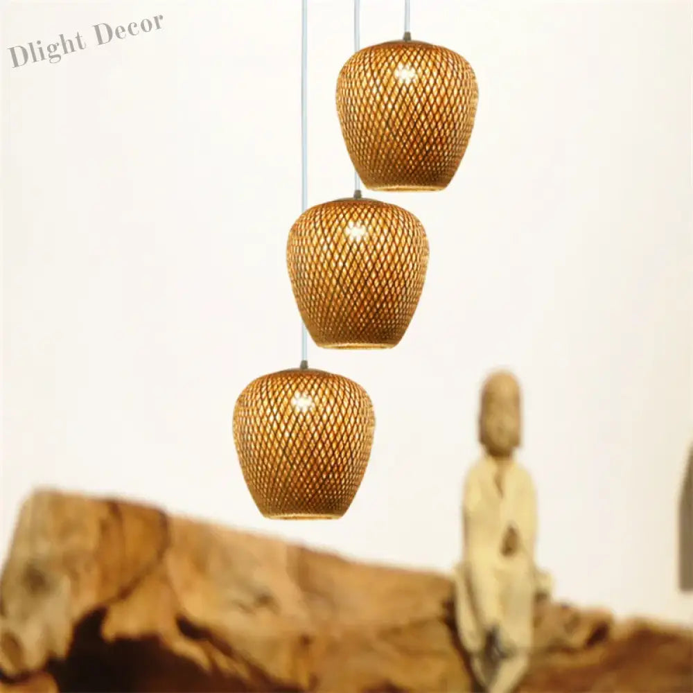 Bamboo Lampshade LED Pendant Lamp - Natural Rattan Wicker Ceiling Chandeliers with Hand-Woven E27 Lighting Fixtures