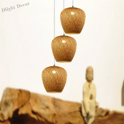 Bamboo Lampshade LED Pendant Lamp - Natural Rattan Wicker Ceiling Chandeliers with Hand-Woven E27 Lighting Fixtures