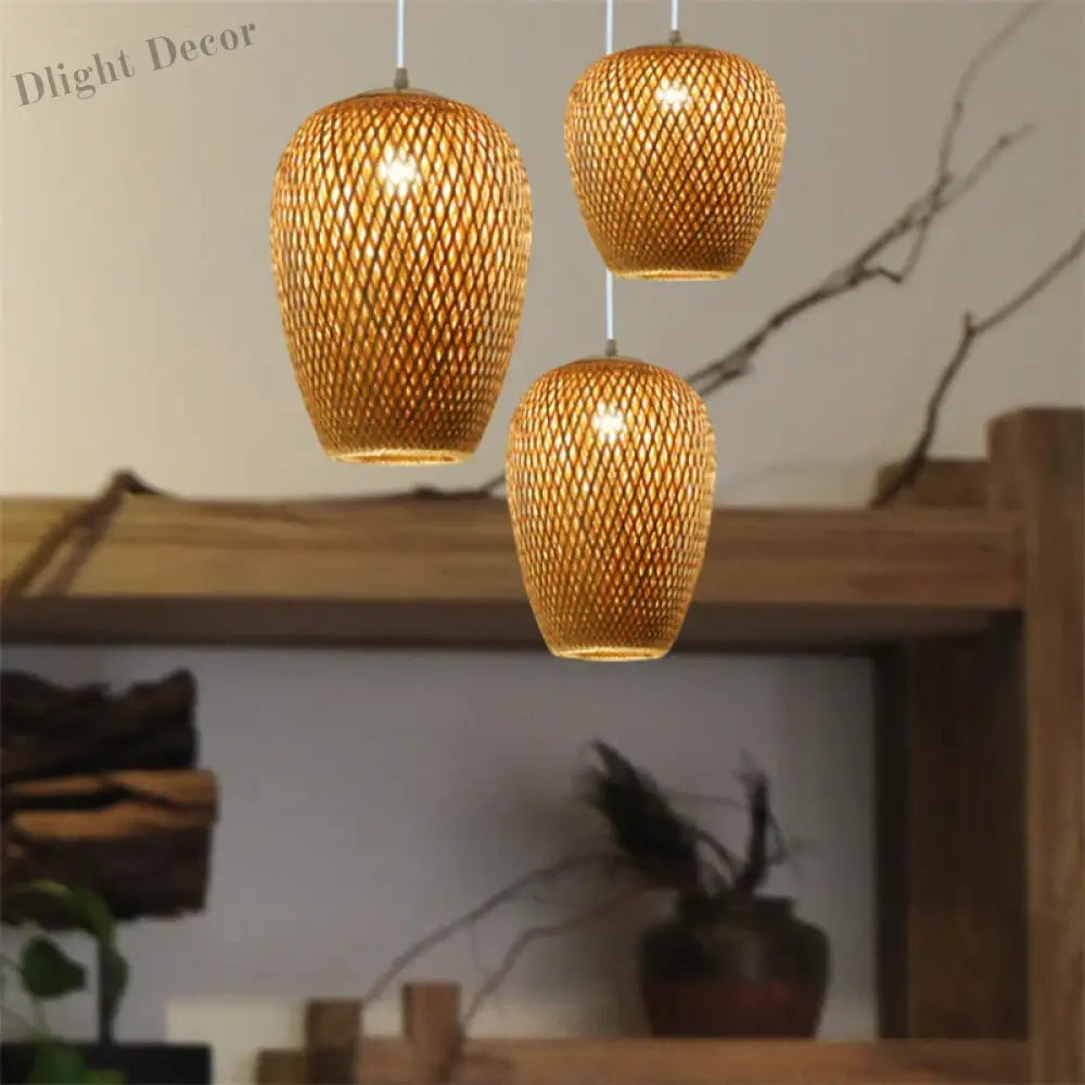 Bamboo Lampshade LED Pendant Lamp - Natural Rattan Wicker Ceiling Chandeliers with Hand-Woven E27 Lighting Fixtures