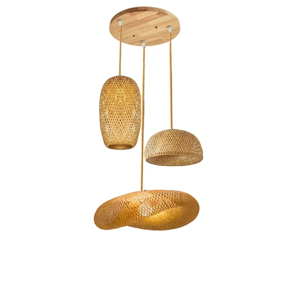Bamboo Lampshade LED Pendant Lamp - Natural Rattan Wicker Ceiling Chandeliers with Hand-Woven E27 Lighting Fixtures