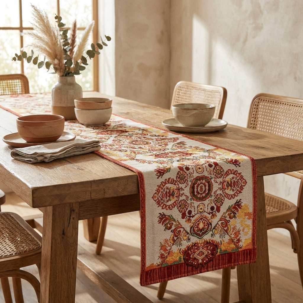 Woven Tapestry Table Runner with Burgundy Paisley Medallion