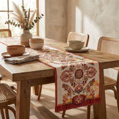 Woven Tapestry Table Runner with Burgundy Paisley Medallion