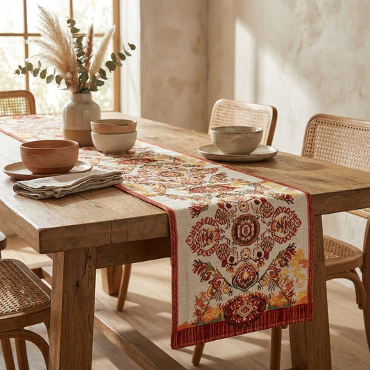 Woven Tapestry Table Runner with Burgundy Paisley Medallion
