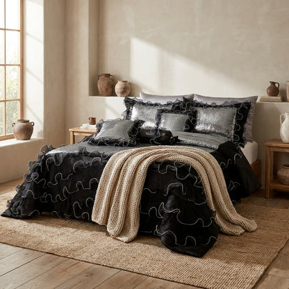 Black Organza Ruffle & Sequin Polyester 6-Piece Comforter Set