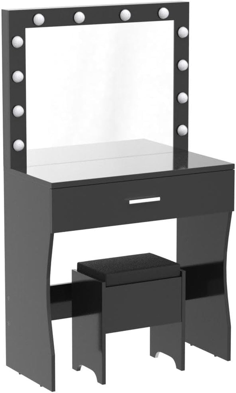 Titoni Black Makeup Vanity Desk Set with Mirror and LED Lights, 31.5” - Adjustable Brightness, Sturdy Wood Construction