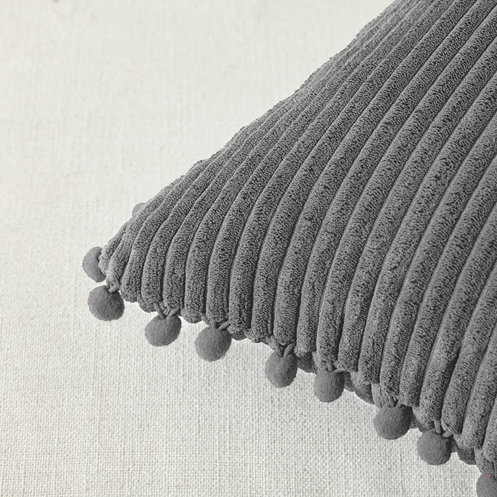 Dark Gray Decorative Throw Pillow Covers 18X18 Inch with Pom Poms, Boho Farmhouse Home Decor, Soft Corduroy Accent Square Cushion Case for Living Room Couch Bed Sofa 45X45 Cm