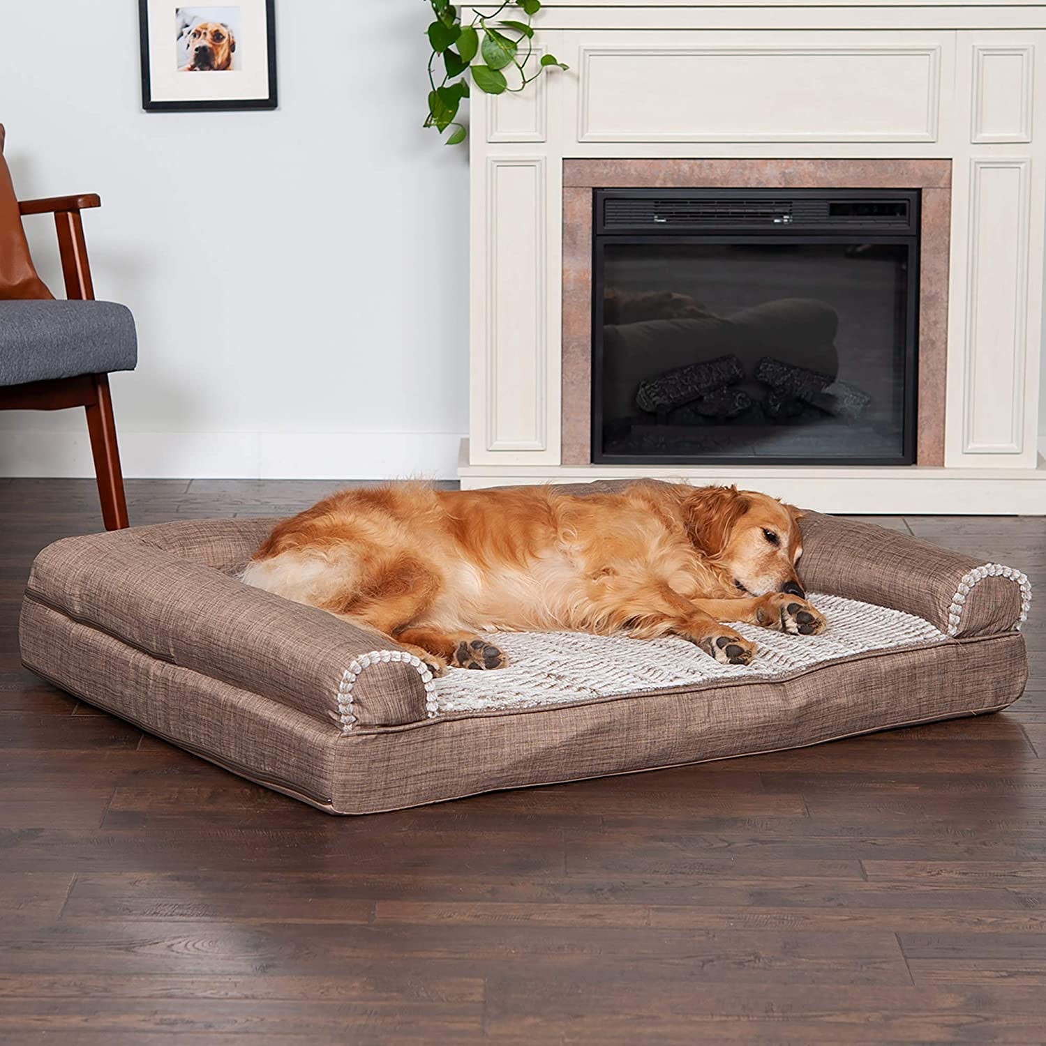 Orthopedic Dog Bed for Large Dogs W/ Removable Bolsters & Washable Cover, for Dogs up to 95 Lbs - Luxe Faux Fur & Performance Linen Sofa - Woodsmoke, Jumbo/Xl