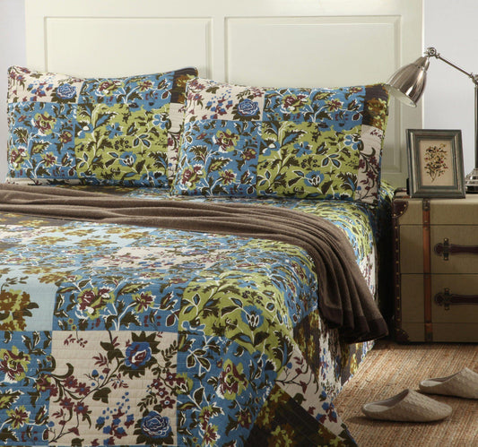 Tache Mystical Forest Green Blue Leaves Cotton Quilt Set (KST1504)